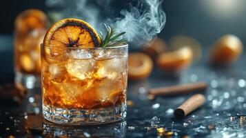 Cocktail with dried orange slice and garnish on a dark bar counter during evening hours photo