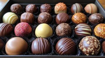 Assorted handmade chocolates displayed in a black box during a festive celebration photo
