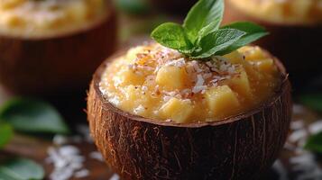 Delicious tropical dessert served in coconut shells with fresh fruit and garnished with mint leaves photo