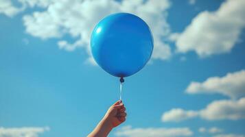 Bright blue balloon held up by hand against a clear sky with fluffy white clouds during daytime in an outdoor setting photo