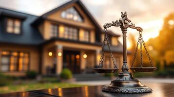 Elegant scales of justice in front of a modern home during sunset photo
