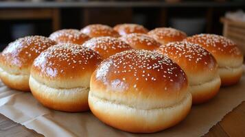 Freshly baked sesame seed burger buns arranged neatly on a wooden countertop, showcasing their golden crust and soft texture photo
