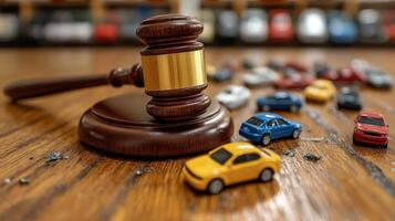 Gavel rests on wooden table amidst scattered toy cars representing a courtroom scenario focused on automobile disputes photo
