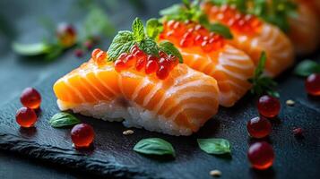 Sushi platter featuring salmon nigiri with garnish on a black stone surface in a well-lit setting photo
