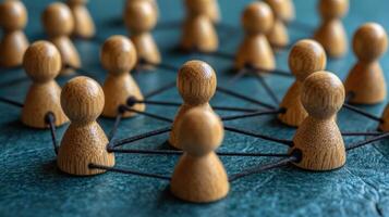 Network of wooden figures connected by strings demonstrating communication and collaboration in a teamwork concept photo