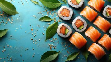 Colorful sushi rolls arranged on a vibrant blue background with green leaves and sesame seeds scattered around photo