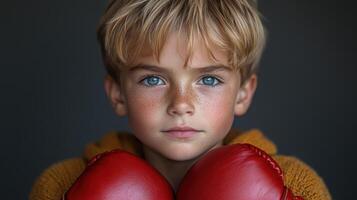 Young boy with blue eyes and blonde hair poses confidently with red boxing gloves in a studio setting photo