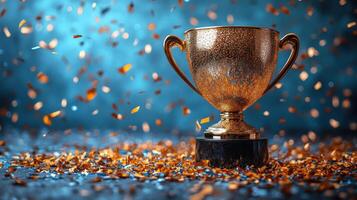 Shiny golden trophy surrounded by colorful confetti celebrating a victory at an award ceremony photo