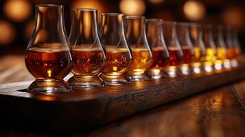 Tasting flight of whiskey served in elegant glasses on a wooden tray in a warm, inviting setting photo