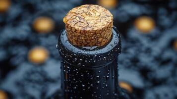 Close-up of a champagne cork on a bottle with droplets of water during celebration preparation photo