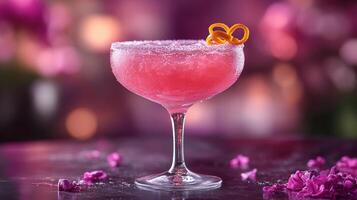 Refreshing pink cocktail served in an elegant glass with fruit garnish and floral accents in a vibrant setting photo