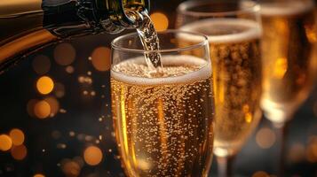 Pouring sparkling wine into flutes during a festive celebration with golden lights in the background photo