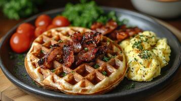 Breakfast plate featuring golden waffles, crispy bacon, fluffy scrambled eggs, and fresh tomatoes in a cozy setting photo