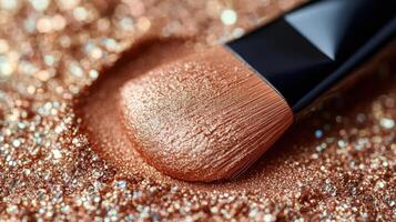 Makeup brush resting on copper shimmer powder with sparkling particles during a beauty routine photo