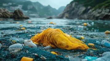 Plastic debris and fishing net clutter the tranquil waters near the rocky coastline during overcast weather photo