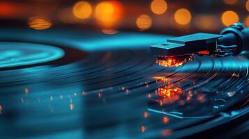 Bright reflections from a vinyl record while a turntable needle elegantly plays during an evening gathering at home photo