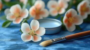 Beautiful arrangement of flowers, cosmetic container, and brush on artistic blue background photo