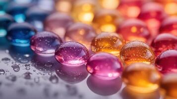 Colorful droplets gather on a reflective surface, creating a vibrant display of water beads in various hues and sizes photo