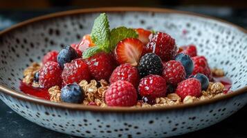 Fresh berries with granola and mint served in a rustic bowl on a dark surface in a cozy dining setting photo