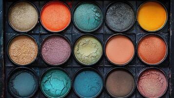 Colorful array of pressed pigments displayed in a rectangular palette on a wooden surface for art projects photo