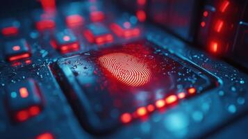 Detailed close-up of a biometric fingerprint scanner with moisture droplets illuminated in red lighting photo