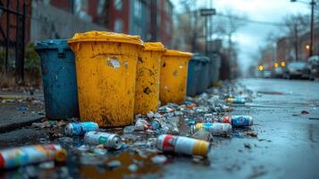 Trash accumulation on city street with yellow bins and scattered cans during overcast afternoon photo