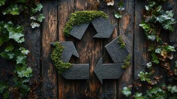 Recycling symbol adorned with moss and greenery on a rustic wooden background in an eco-friendly setting photo