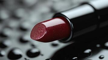 Close-up of rich red lipstick on reflective surface with water droplets photo