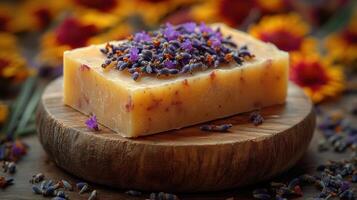 Handmade lavender soap bar displayed on a natural wood surface surrounded by dried flowers and herbs at a craft market photo