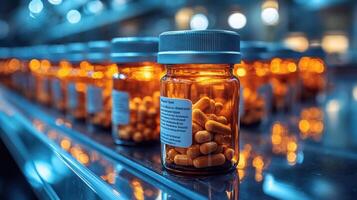 Bottles of capsules arranged neatly on a production line in a pharmaceutical facility during nighttime photo