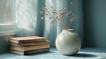 Simple vase with dried flowers on table next to stack of books in softly lit room photo