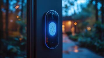 High-tech fingerprint scanner at entrance of a modern building illuminated by evening light photo