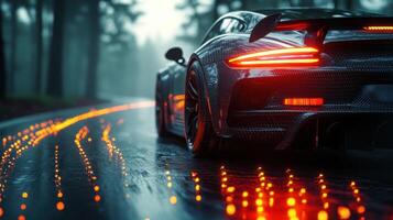 Luxury sports car drives on a rain-soaked road through a misty forest at twilight photo