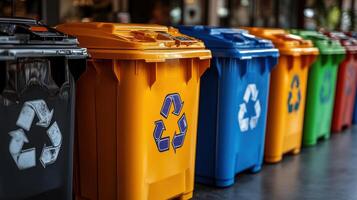 Colorful recycling bins arranged in a row, promoting waste separation in a community space photo