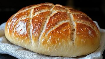 Freshly baked artisanal bread on a cloth, showcasing a golden crust and soft interior texture in a cozy kitchen setting photo