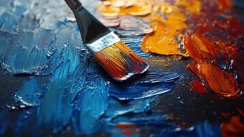 Vibrant palette with brush capturing the essence of creativity in an art studio environment photo