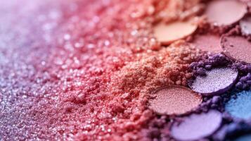 Colorful eyeshadow palettes arranged artistically with shimmering textures and vibrant hues photo