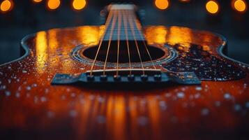 Guitar with raindrops illuminated by warm lights at a cozy evening gathering photo