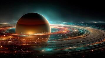 Planet with rings surrounded by colorful cosmic dust in a distant galaxy during a stellar display photo