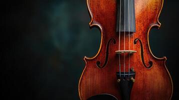 Beautiful close-up of a handcrafted wooden violin with intricate detailing in a dark setting photo