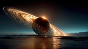 Glistening rings and celestial body over a tranquil ocean at dusk create a stunning cosmic spectacle photo