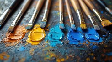 Vibrant colors and brushes arranged on a painter's palette ready for artistic expression in a creative workspace photo