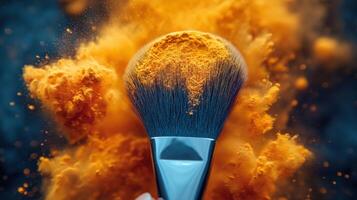 Colorful powder explodes from a makeup brush in a vibrant display of artistry and creativity during a beauty tutorial photo
