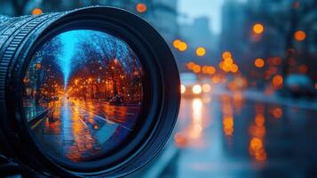 Capturing a rainy city street at dusk through a camera lens reflecting shimmering lights and colors photo