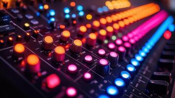 Colorful electronic music equipment with illuminated knobs and buttons at a nighttime studio session photo