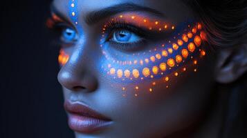 Unique face art featuring vibrant blue and orange patterns illuminated under low light photo
