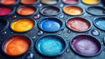 Colorful watercolor palette with droplets after painting session in artist photo