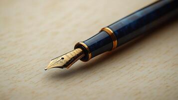 Elegant fountain pen resting on a wooden surface, showcasing intricate detailing and craftsmanship in bright light photo