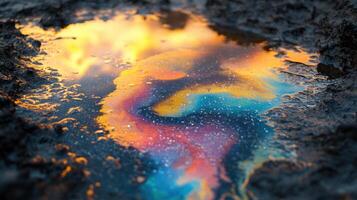 Colorful reflections in a puddle during sunset create an artistic display near an urban area photo