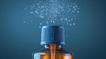 Close-up view of a glass bottle pouring liquid with droplets and bubbles in a focused light setting photo